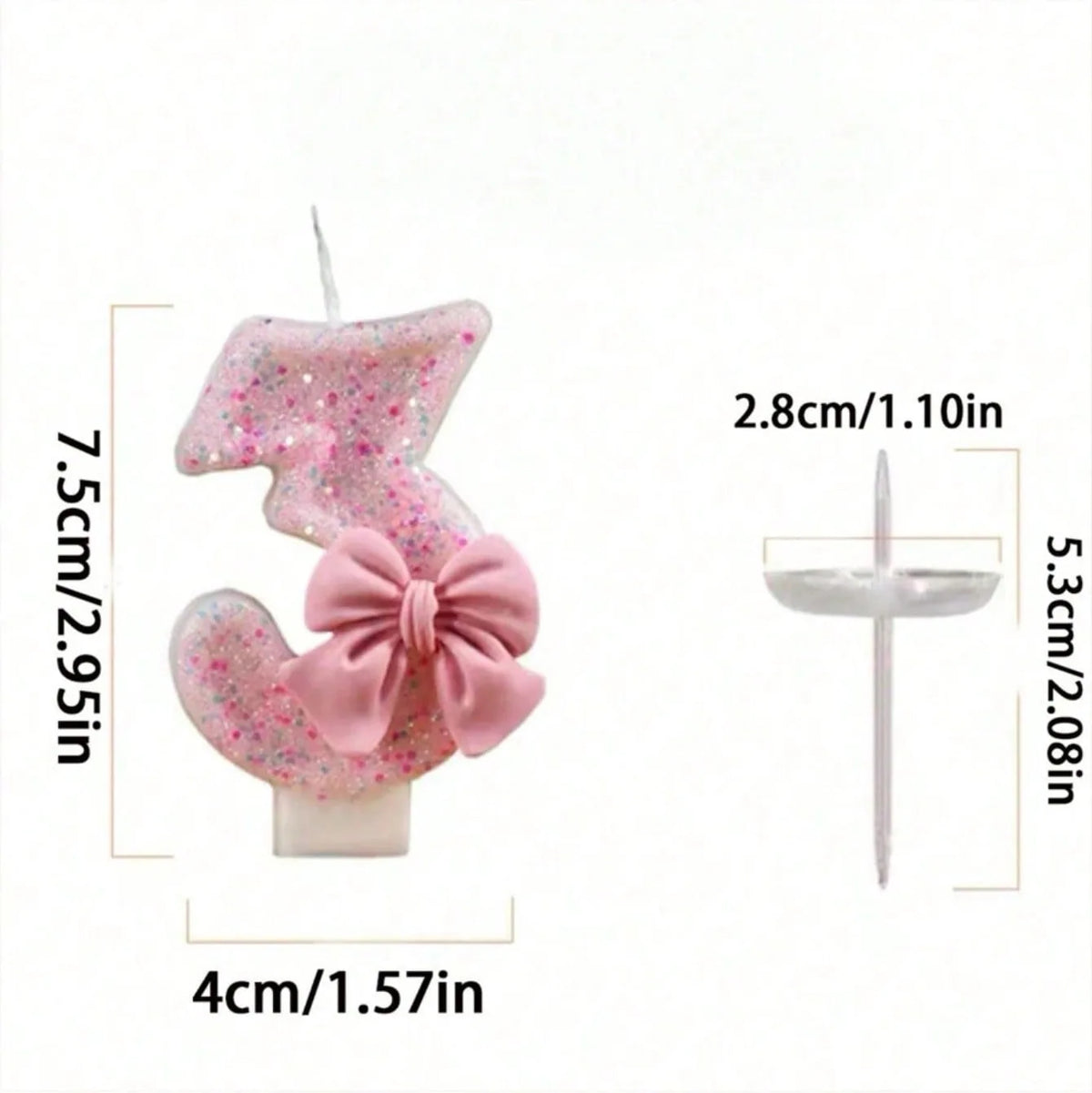 Pink glitter number 3 birthday candle with a bow and a white stick.