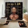 A black fabric banner with gold lettering featuring Bible verses about God saying I am precious chosen forgiven special uniqu