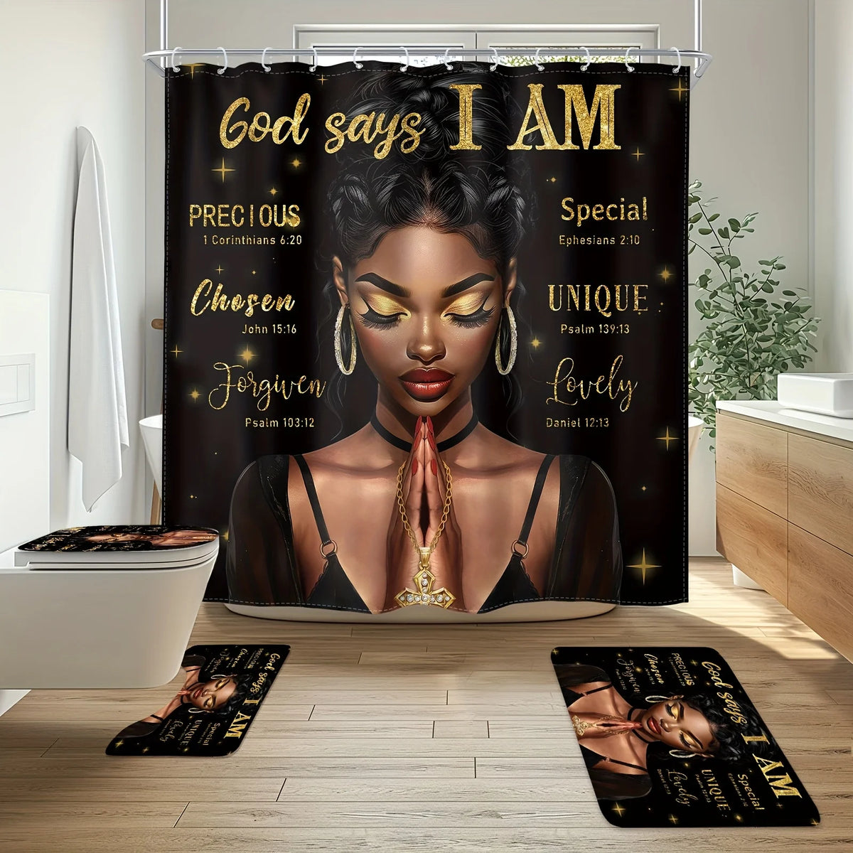 A black fabric banner with gold lettering featuring Bible verses about God saying I am precious chosen forgiven special uniqu