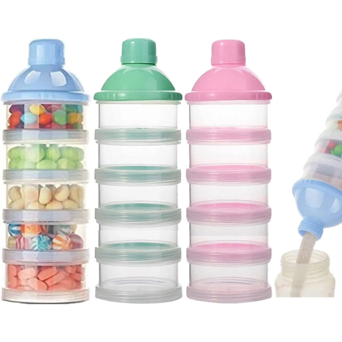 Three stacked plastic containers for portable milk powder storage, colored blue, green, and pink.