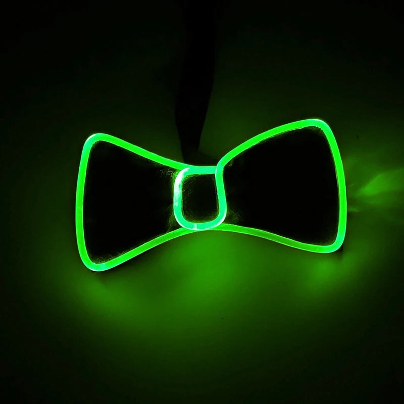 A glowing green bow tie shaped LED light-up anime glasses