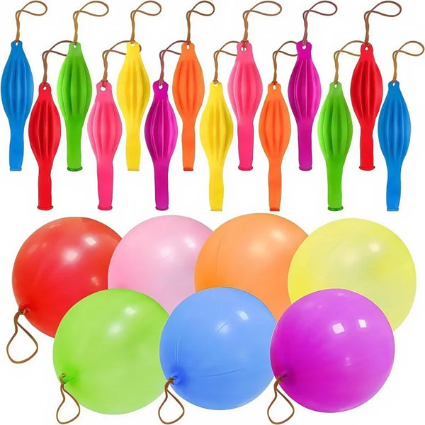 A collection of reusable latex punch balloons in various bright colors including blue, green, pink, yellow, and orange.
