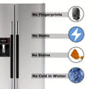 Diagram showing features of oil-proof refrigerator handle covers including no fingerprints, static, stains, and cold in winte