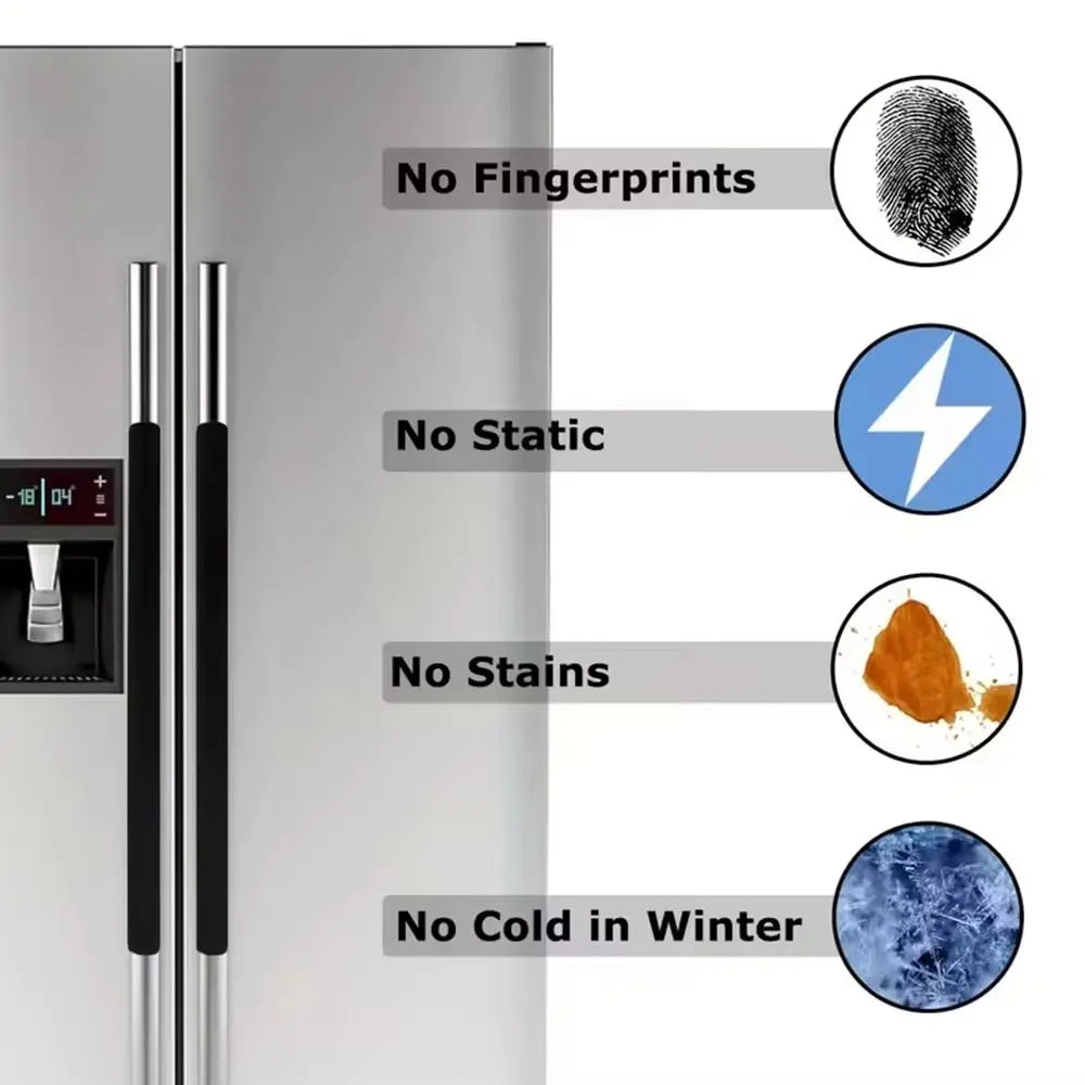 Diagram showing features of oil-proof refrigerator handle covers including no fingerprints, static, stains, and cold in winte