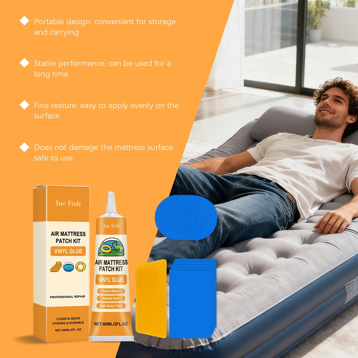 An inflatable mattress patch kit with vinyl glue is shown being used on a mattress.