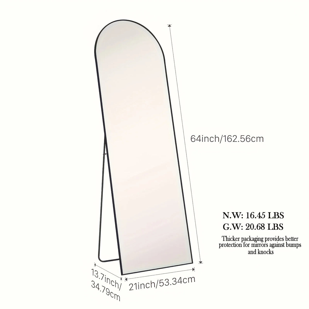 Full length arch mirror with an aluminum frame shown in a side view.