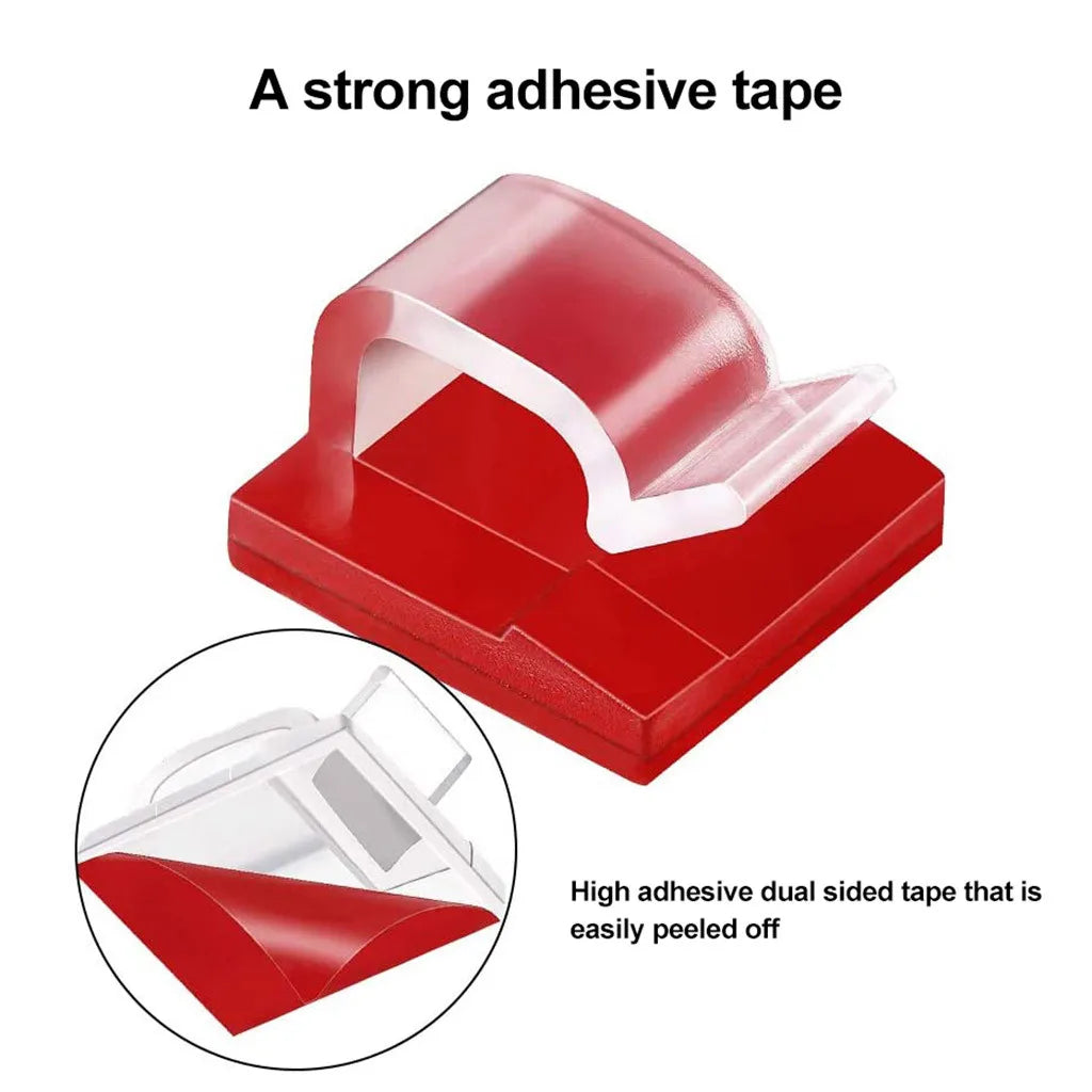 A red adhesive dual-sided tape used as a cable organizer clip and holder.