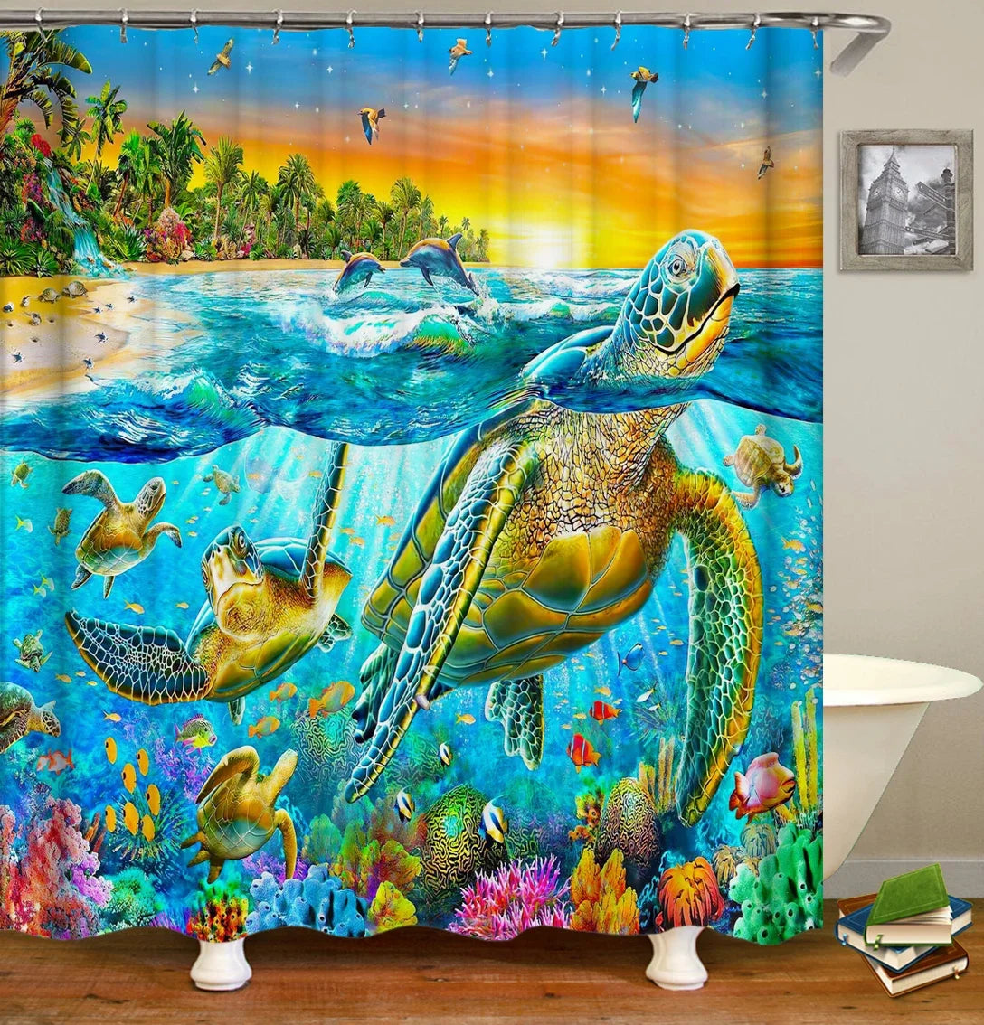 A vibrant shower curtain featuring a sea turtle swimming in blue water surrounded by tropical plants and colorful fish.