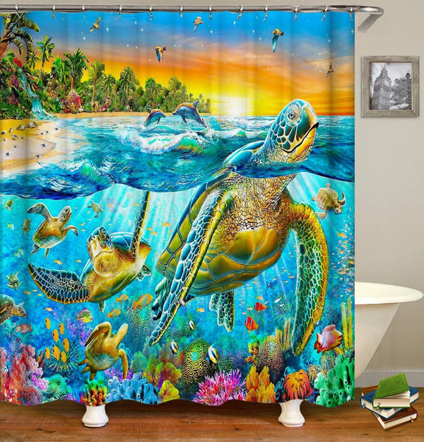 A vibrant shower curtain featuring a sea turtle swimming in blue water surrounded by tropical plants and colorful fish.