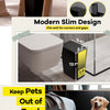 A black modern slim trash can with a pop-up press lid shown next to a dog and various household items.