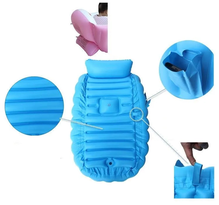 A blue inflatable bath tub for kids shown in various forms and sizes.