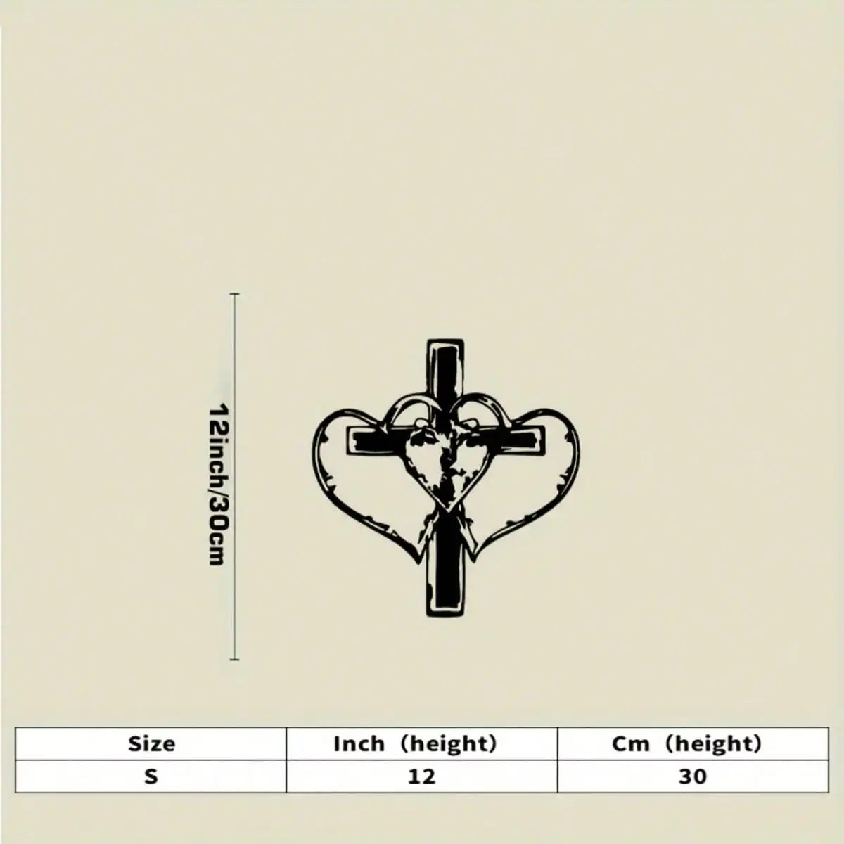 A black metal cross design shown with a vertical scale indicating 12 inches or 30 cm in height.