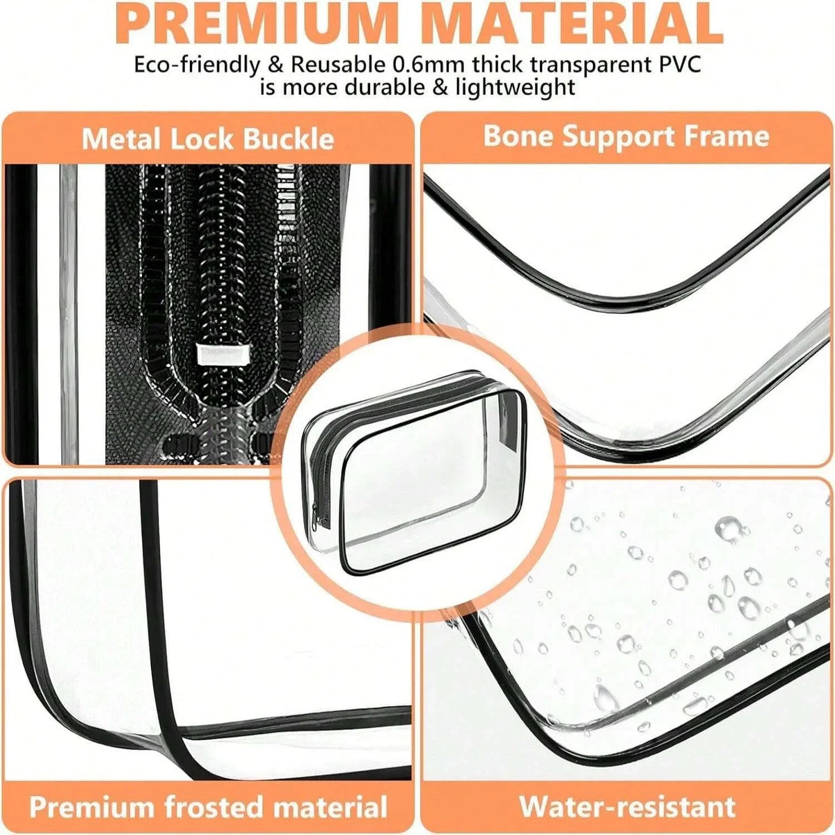 Bolsa organizadora cosmética transparente de PVC duradero con hebilla de metal y estructura de soporte óseo.