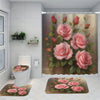 A bathroom setting featuring a white toilet, shower head, and pink peony floral decor mats.