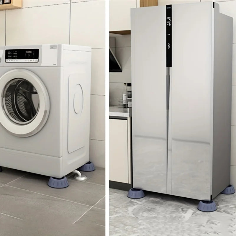 Anti-vibration feet installed under a white washing machine and a silver refrigerator.