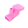A pink flexible silicone faucet extender used for easy washing.