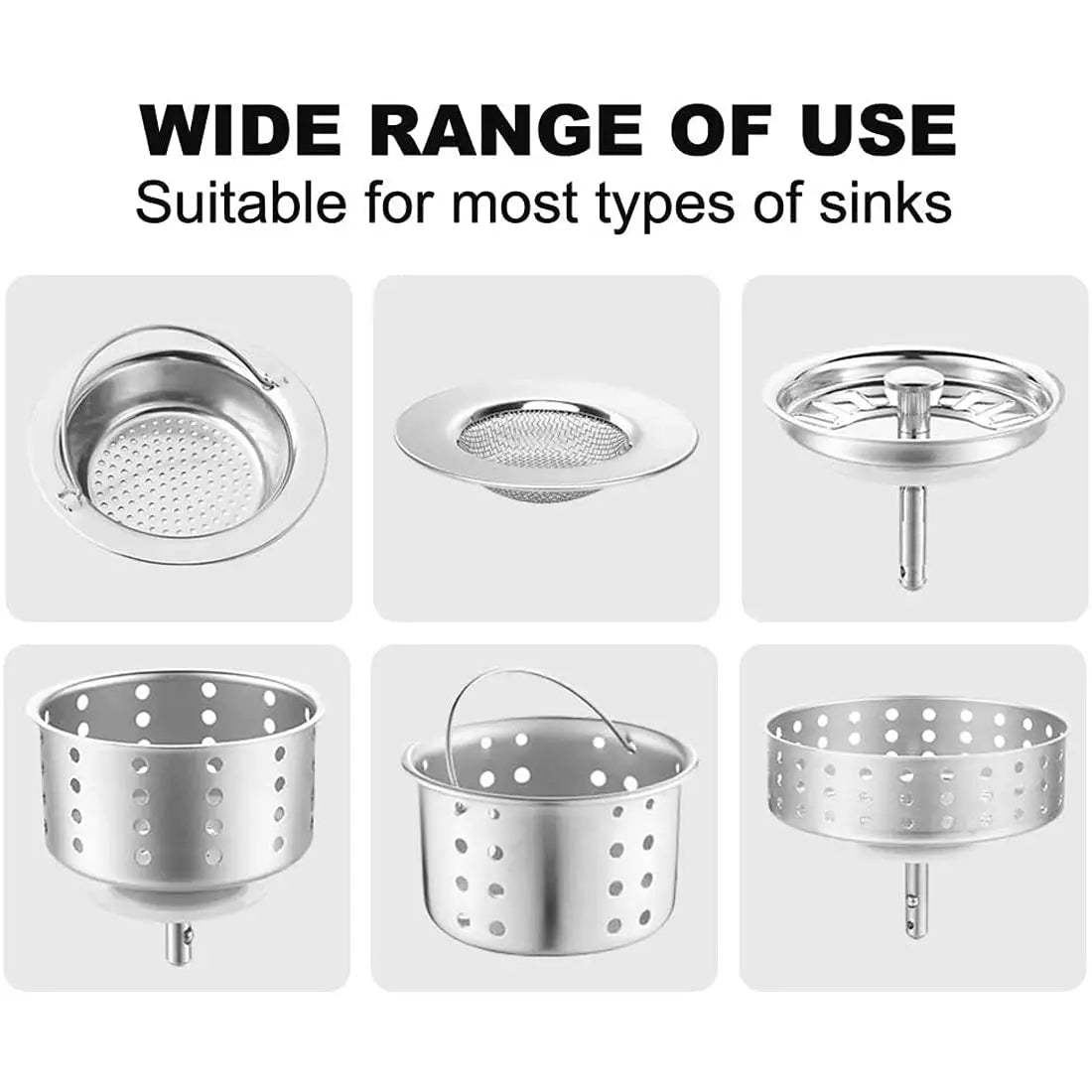 A set of reusable mesh strainer bags and drain filters for various kitchen sinks.