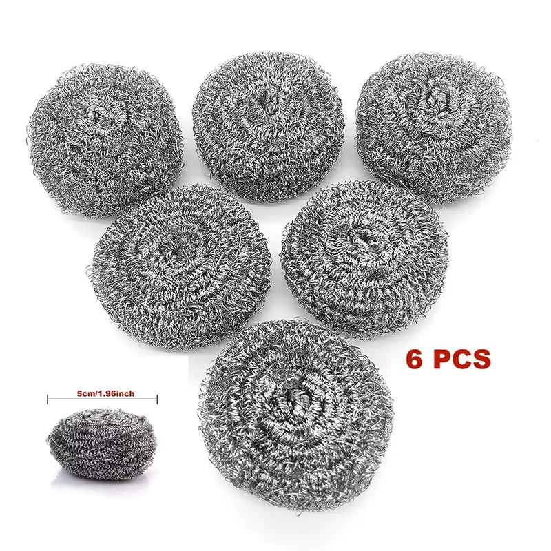 Six round stainless steel scrubber pads for heavy-duty cleaning