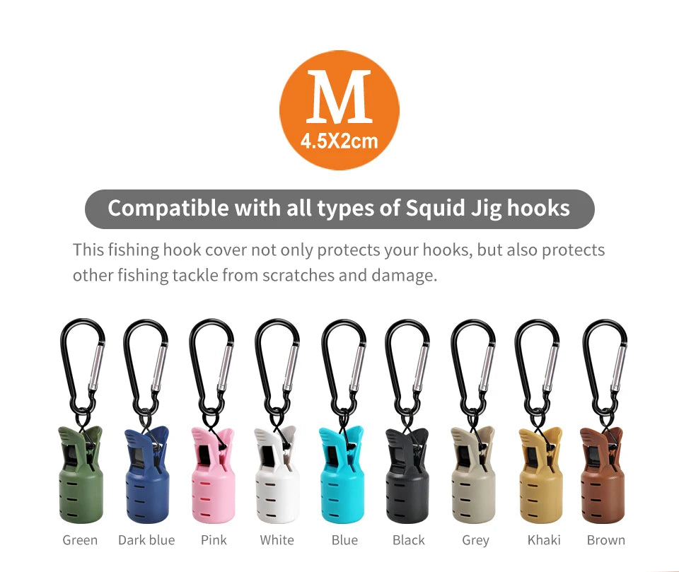 A set of silicone guards for Squid jig hooks in various colors including green, dark blue, pink, white, blue, black, grey, kh