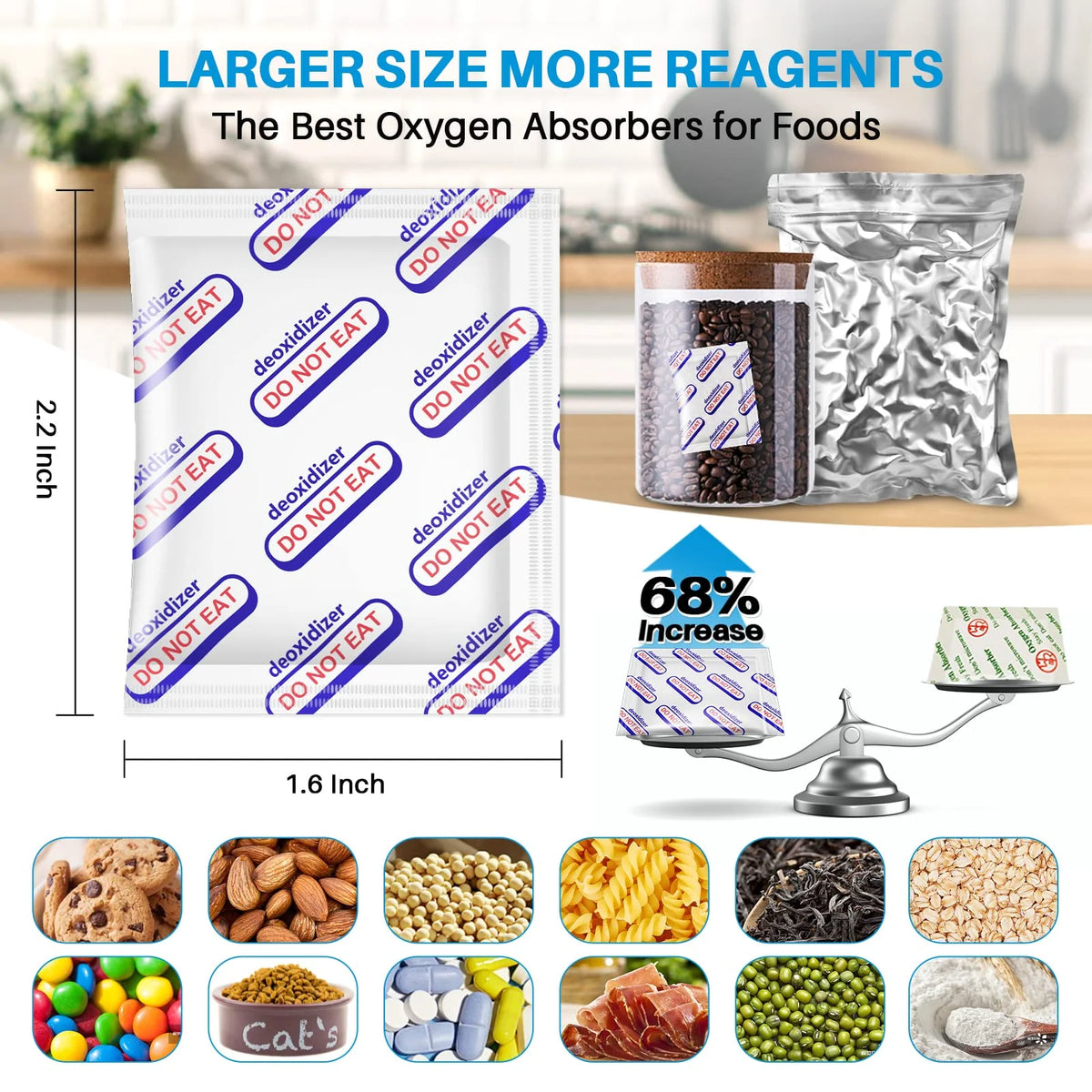A variety of food-grade oxygen absorbers for extended dry food storage including nuts grains seeds and meat
