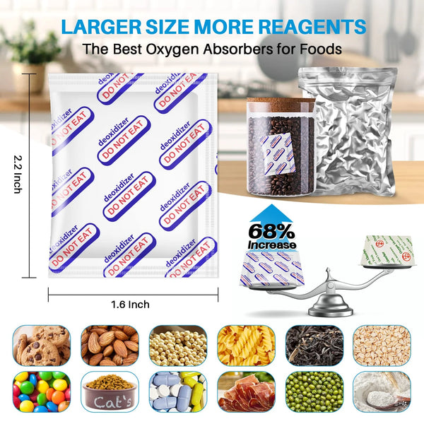 A variety of food-grade oxygen absorbers for extended dry food storage including nuts grains seeds and meat