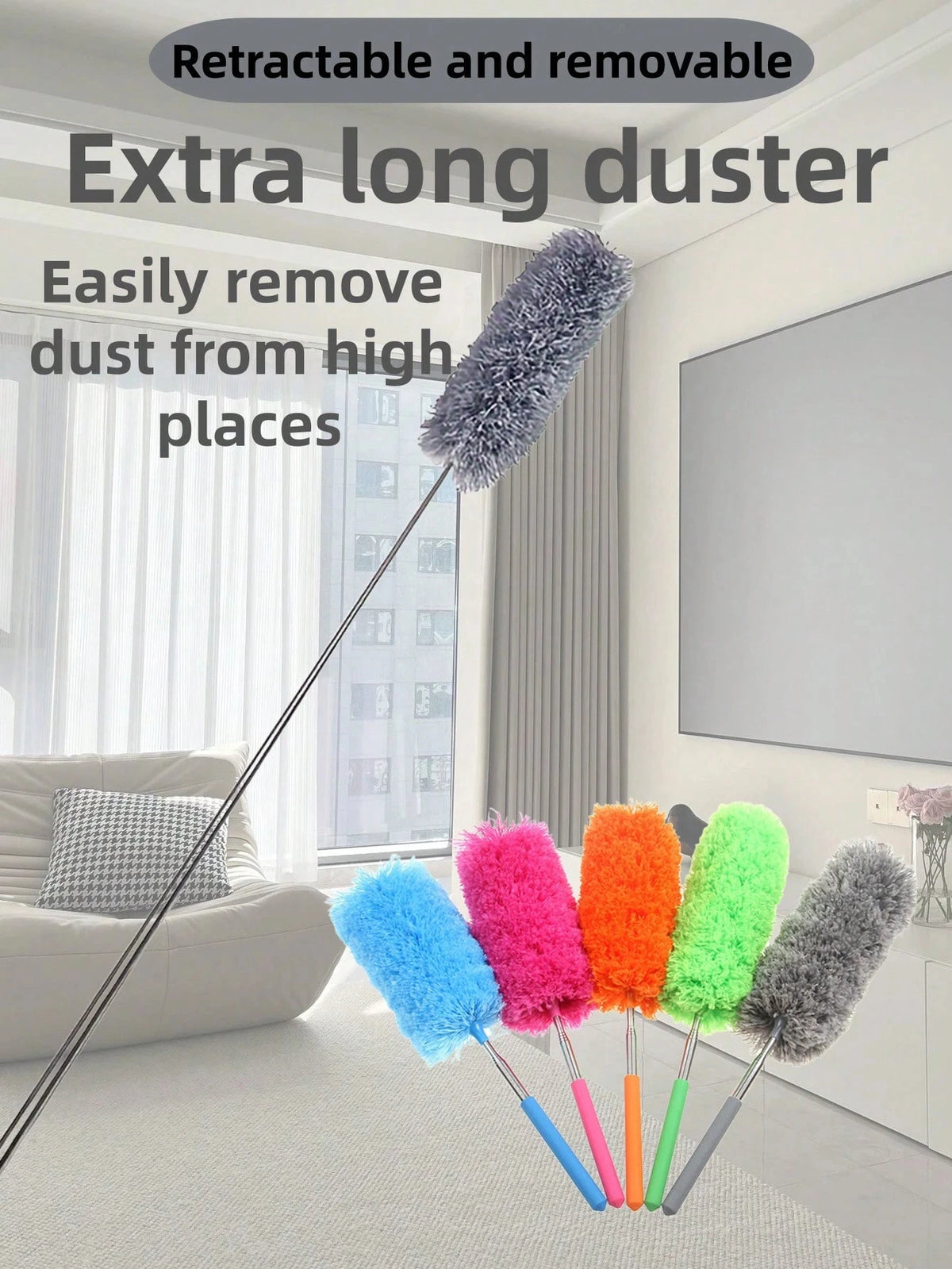 A set of retractable and removable extra long dusters in various colors including purple, pink, orange, green, and gray.
