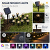 A set of solar pathway lights illuminating a garden path at night, showing various color options.
