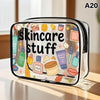 A clear plastic storage pouch filled with various skincare stuff including jars and tubes