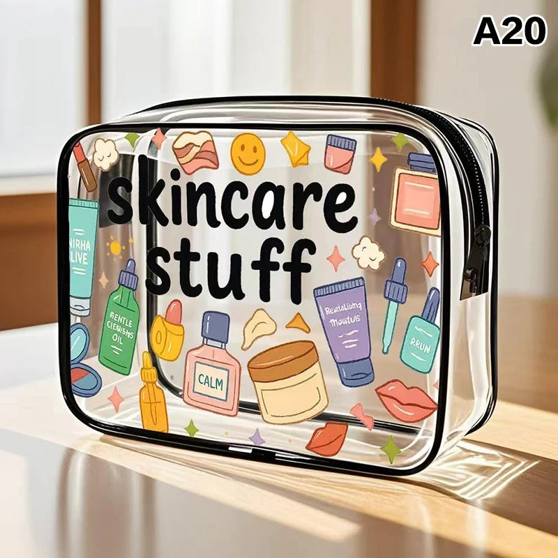 A clear plastic storage pouch filled with various skincare stuff including jars and tubes
