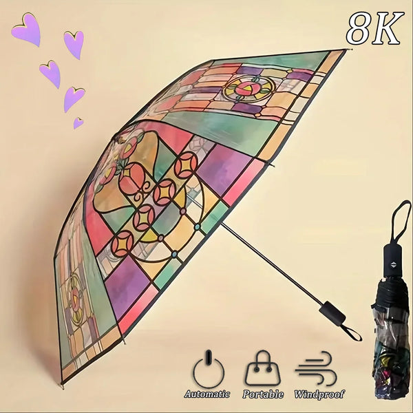 An open decorative stained glass umbrella showing colorful geometric patterns and a handle.