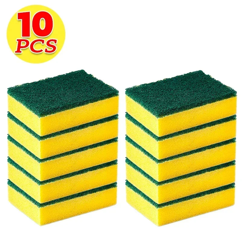 Ten green and yellow reusable double-sided kitchen cleaning sponges stacked in a box.