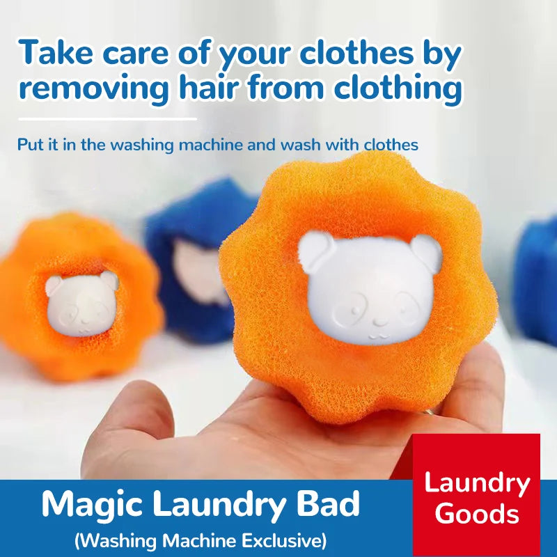 A hand holds an orange laundry bad product with a white bear face, used for removing hair from clothing.