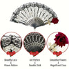 Vintage Spanish Flamenco rose lace handheld fan featuring a black and white pattern and a red rose detail