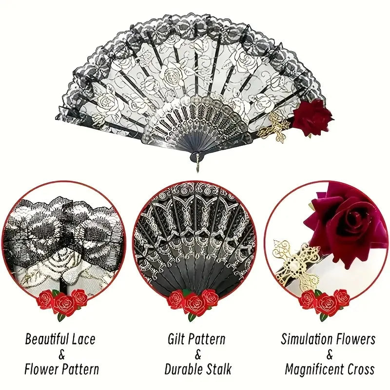 Vintage Spanish Flamenco rose lace handheld fan featuring a black and white pattern and a red rose detail