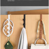A versatile door hook rack is shown mounted on a wooden door, displaying various hangers and storage items.