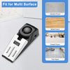 Dispositivo de alarma para puertas portátil negro, mostrado junto a varios tipos de suelo para ajuste multi-superficie.