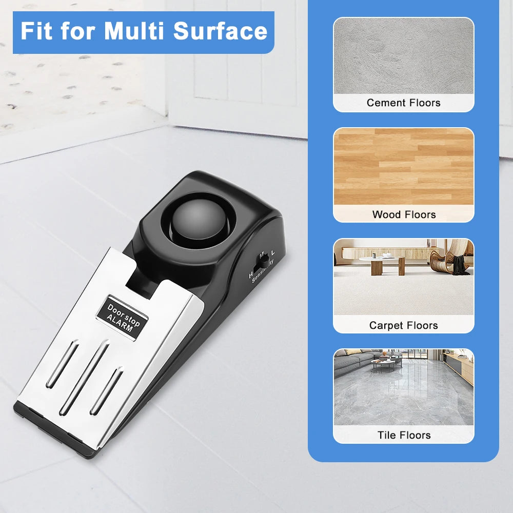 Dispositivo de alarma para puertas portátil negro, mostrado junto a varios tipos de suelo para ajuste multi-superficie.