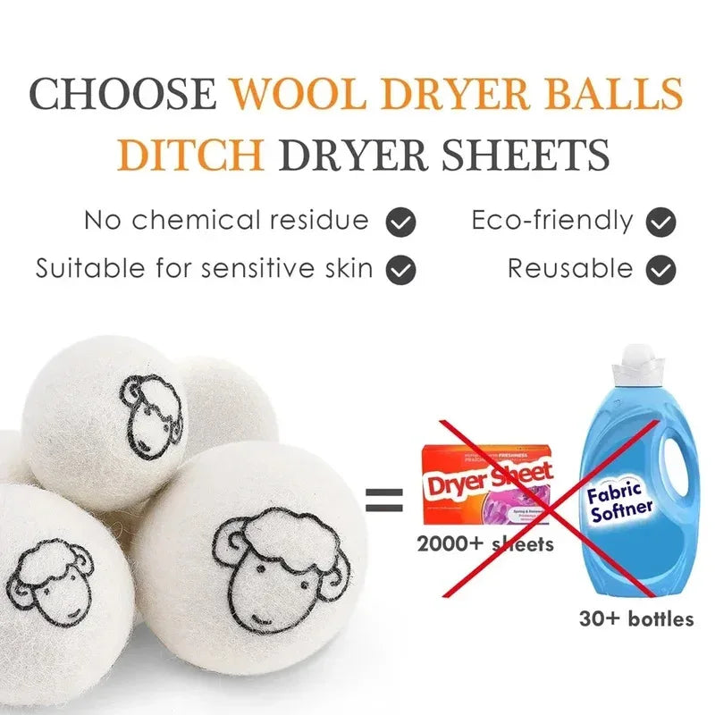 A set of six white wool dryer balls next to a bottle of blue fabric softener and a box of dryer sheets.