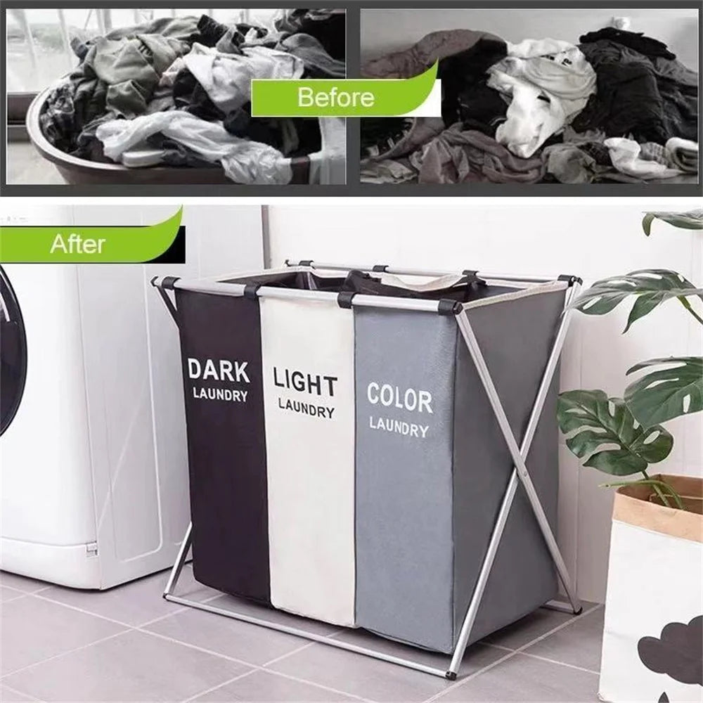 Comparaison avant/après d'un organisateur de linge pliable avec différentes couleurs