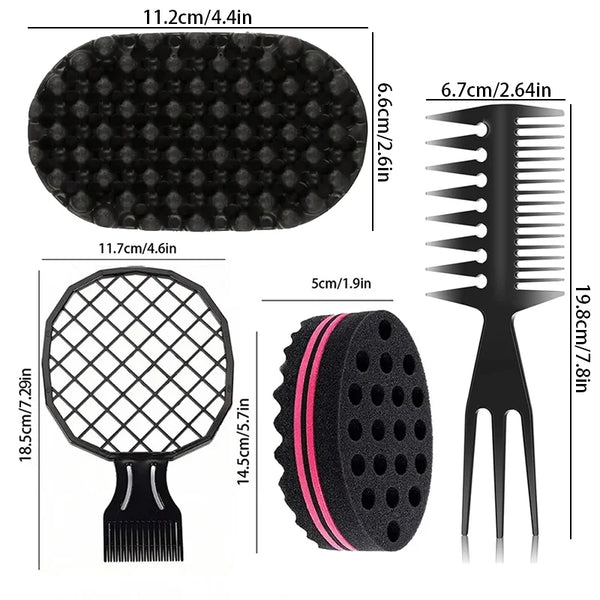 A 3-piece hair styling kit featuring a black paddle, a mesh comb, and a black pick with pink accents.