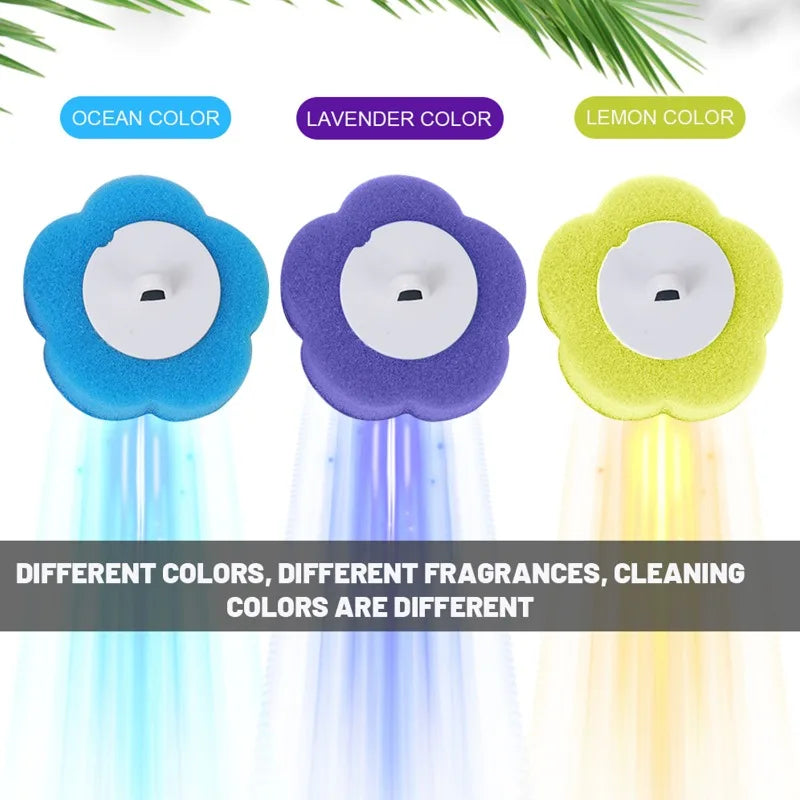 Three disposable toilet cleaning foam sponges in ocean blue, lavender, and lemon colors are shown with flowing water.