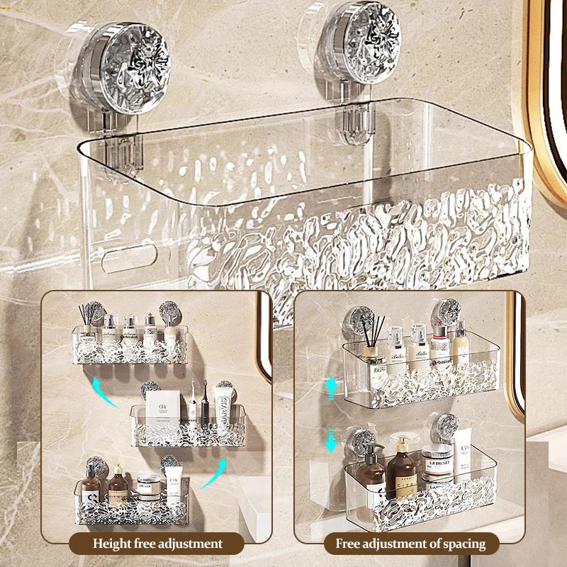 Stainless steel suction cup storage rack with height and spacing adjustment features