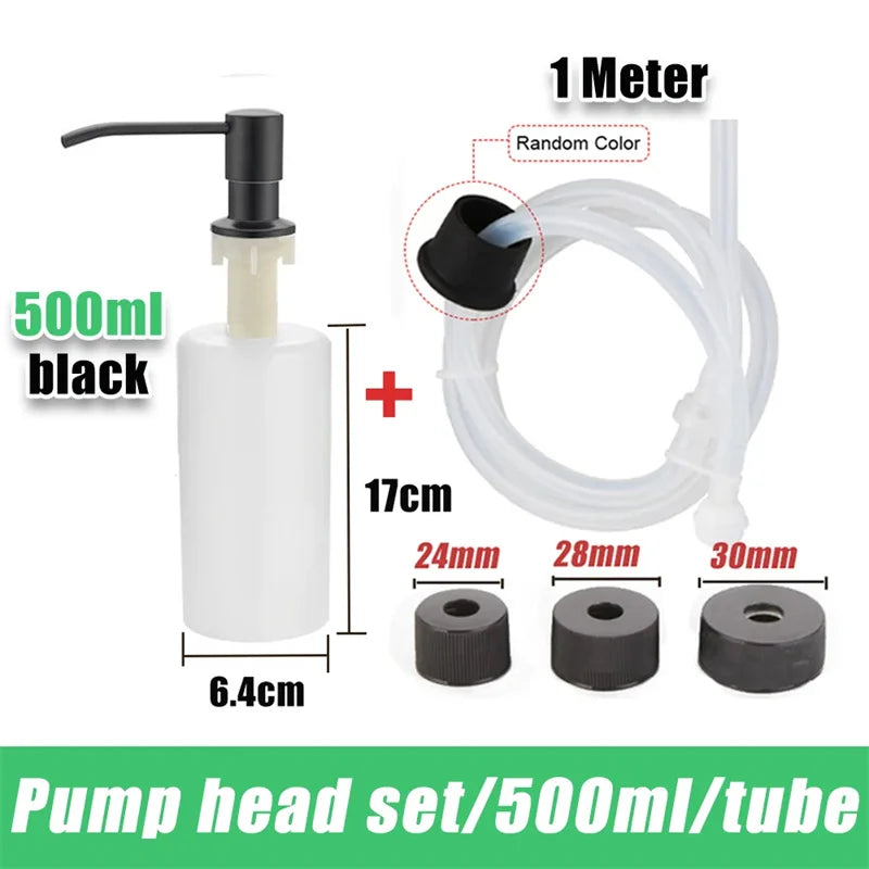 A black pump head set with a 500ml tube and various sized nozzles for liquid soap dispensing.