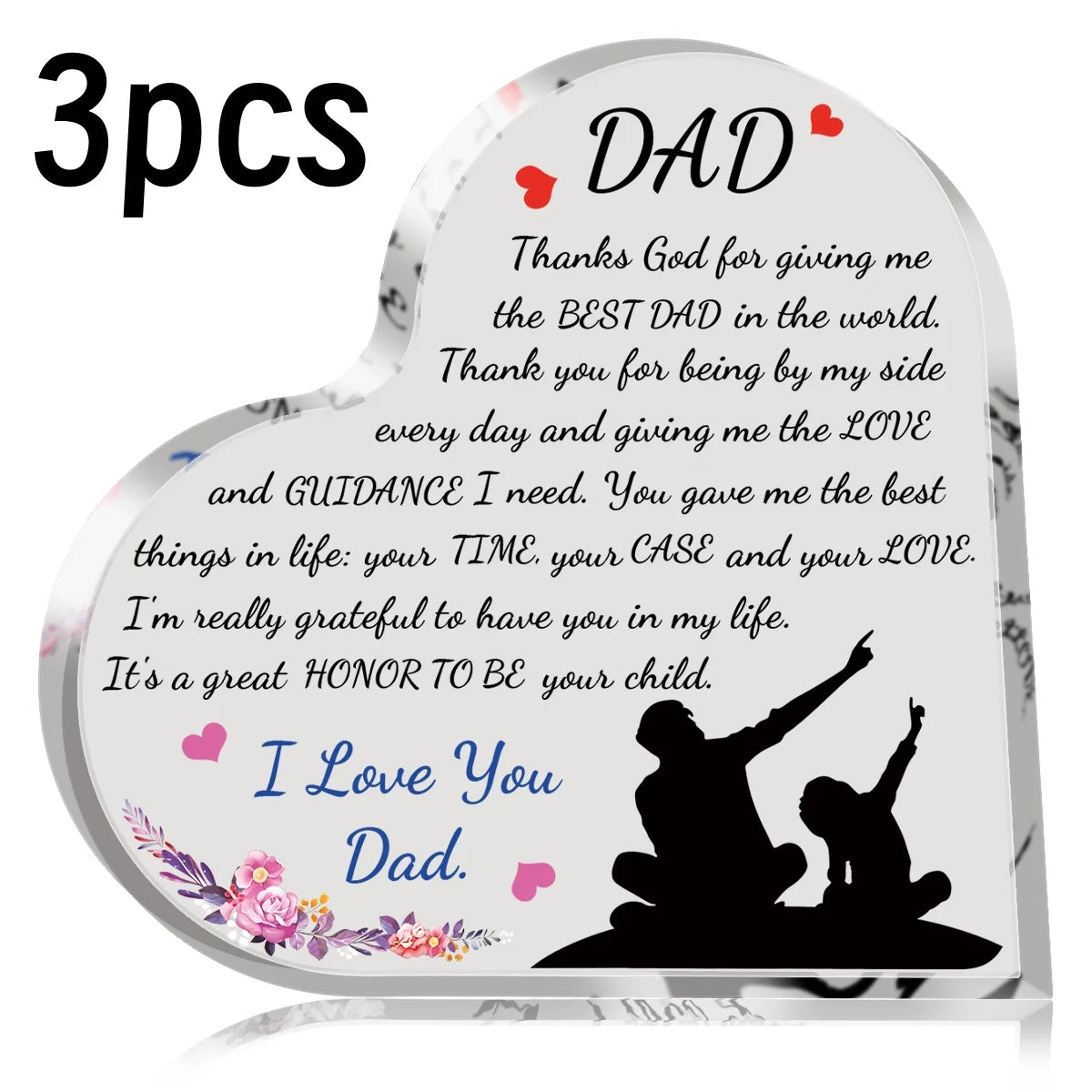 A heart-shaped acrylic keepsake plaque with a silhouette of a father and text expressing gratitude for his love and guidance.