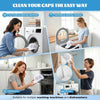 A set of hat washing cages and mesh laundry bags shown being used in front-loading and top-loading washing machines.