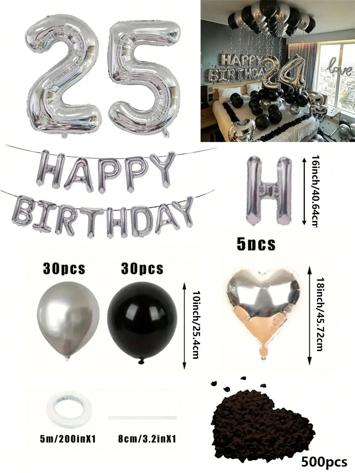 Un juego de globos con números de papel de aluminio plateado, una pancarta de cumpleaños y decoraciones de corazón de chocola