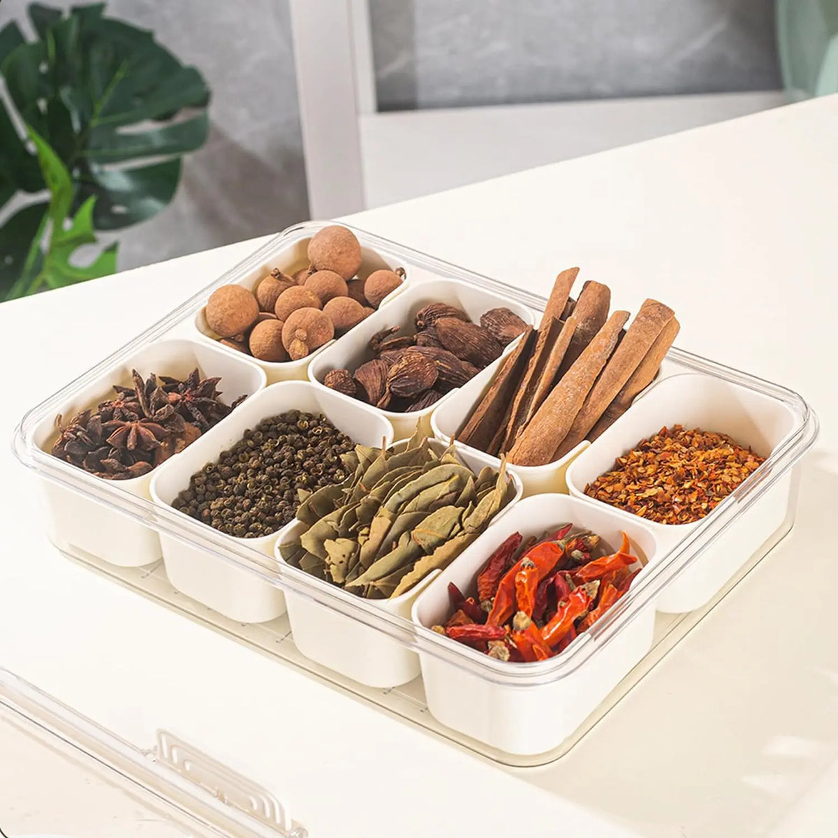 A clear organizer tray holds eight compartments filled with various dried spices and herbs for cooking.