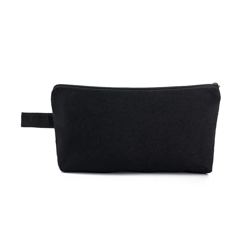 A black zippered pouch used for storing cosmetics or stationery.