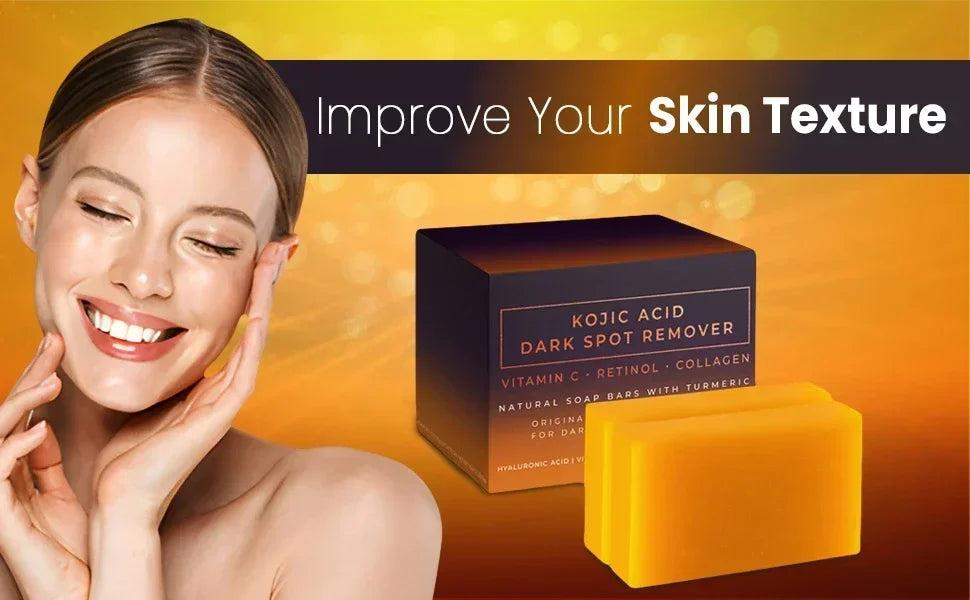 Une boîte et une barre de savon facial Kojic Acid Dark Spot Remover sont présentées sur un fond jaune avec du texte promouvan