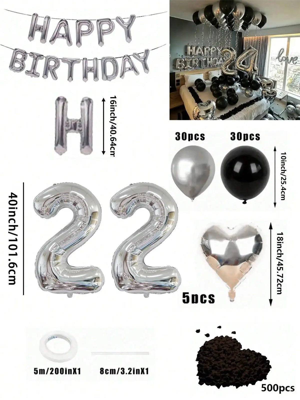 Un juego de globos con números grandes, formas de corazón y confeti en color plata y negro.